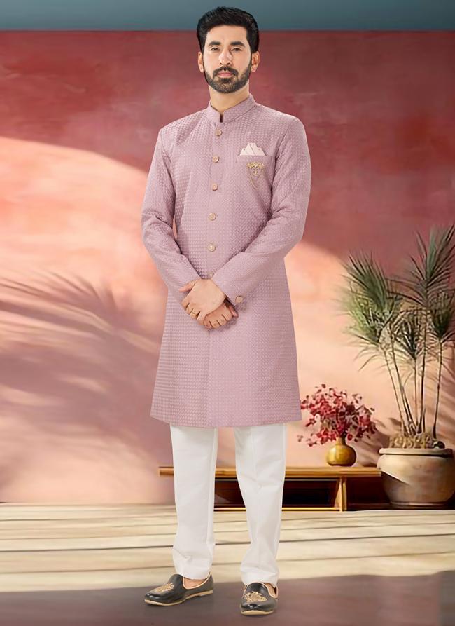 Silk Mauve Wedding Wear Embroidery Work Readymade Sherwani